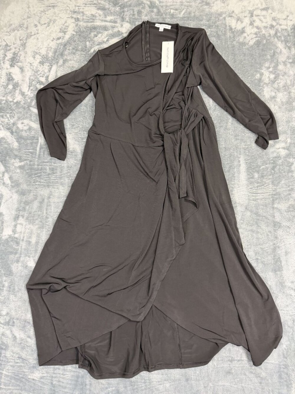 Notations Womens Long-Sleeve Black Faux Wrap Dress With Asymmetrical Hem L NWT